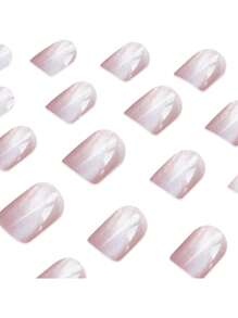 24-Piece Short Square Press-On Nail Set In Pink With Strobe Finish, Full Cover Solid Color Fake Nails, Jelly Glue & Filing Stick Included For Women And Girls,3D Fake Nails, Colored Nails, Detachable Wearable Nails, Suitable For Wearing At Festivals, Events, And Parties.
