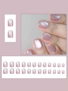 24-Piece Short Square Press-On Nail Set In Pink With Strobe Finish, Full Cover Solid Color Fake Nails, Jelly Glue & Filing Stick Included For Women And Girls,3D Fake Nails, Colored Nails, Detachable Wearable Nails, Suitable For Wearing At Festivals, Events, And Parties.