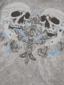 Women  T-Shirt, Halloween Skulls Cross Print Round Neck Long Sleeve Relax Fit Casual Tops For Females, Gray - Grey - View 6