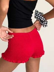 Women's Shirred Shorts Casual Elastic Waist Solid Color Ruffled Short Pants For Summer - Red - View 4
