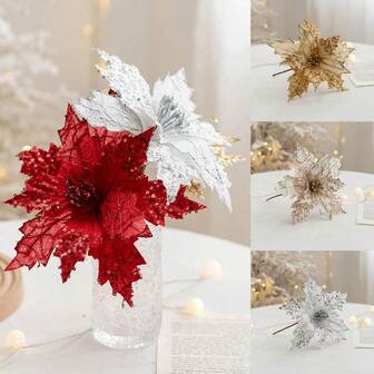 2 piezas Flores artificiales de Navidad para decoración, coronas de árbol de Navidad y guirnaldas, decoración de flores con purpurina para adornos navideños, regalos de Navidad y Año Nuevo, bodas y fiestas