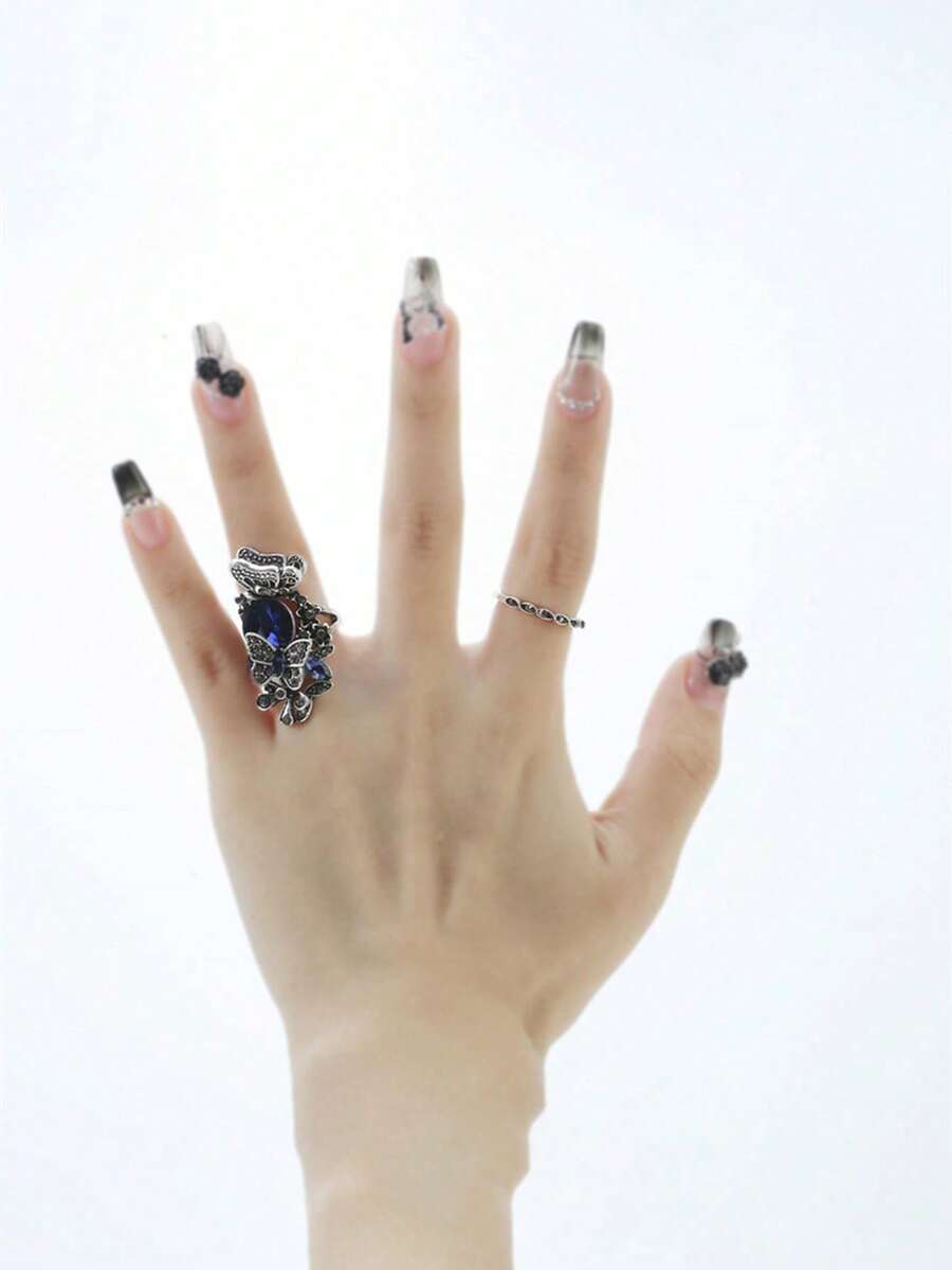 2 chiếc nhẫn xếp chồng tinh tế - Bộ cô dâu đính đá Zirconia màu nước khảm, tùy chọn màu tím/xanh lam, hoàn hảo cho trang phục hàng ngày và trang trí Halloween, phụ kiện thanh lịch cho phụ nữ - Nhiều màu - Xem 1