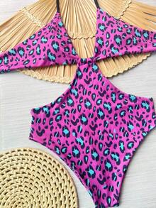 PINK ANIMAL PRINT LEOPARD KIDS SWIMSUIT - 玫紅色 - 查看 3