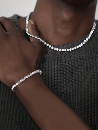 Tennis Zirconia Chain Necklace & Bracelet Combo Set, Fashionable Hiphop Style Jewelry For Men, Holiday Gift