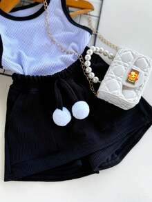 Children's Set Ribbed Tank Top And Shorts Skirt With Pompom On The Front Summer Foreign Fashion Launch - màu đen - Xem 3