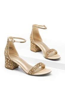 Women Rhinestone Chunky Low Heeled Sandals Glamorous Ankle Strap Open Toe Heeled Sandals, For Halloween Christmas Party Prom Fall - Gold - View 1