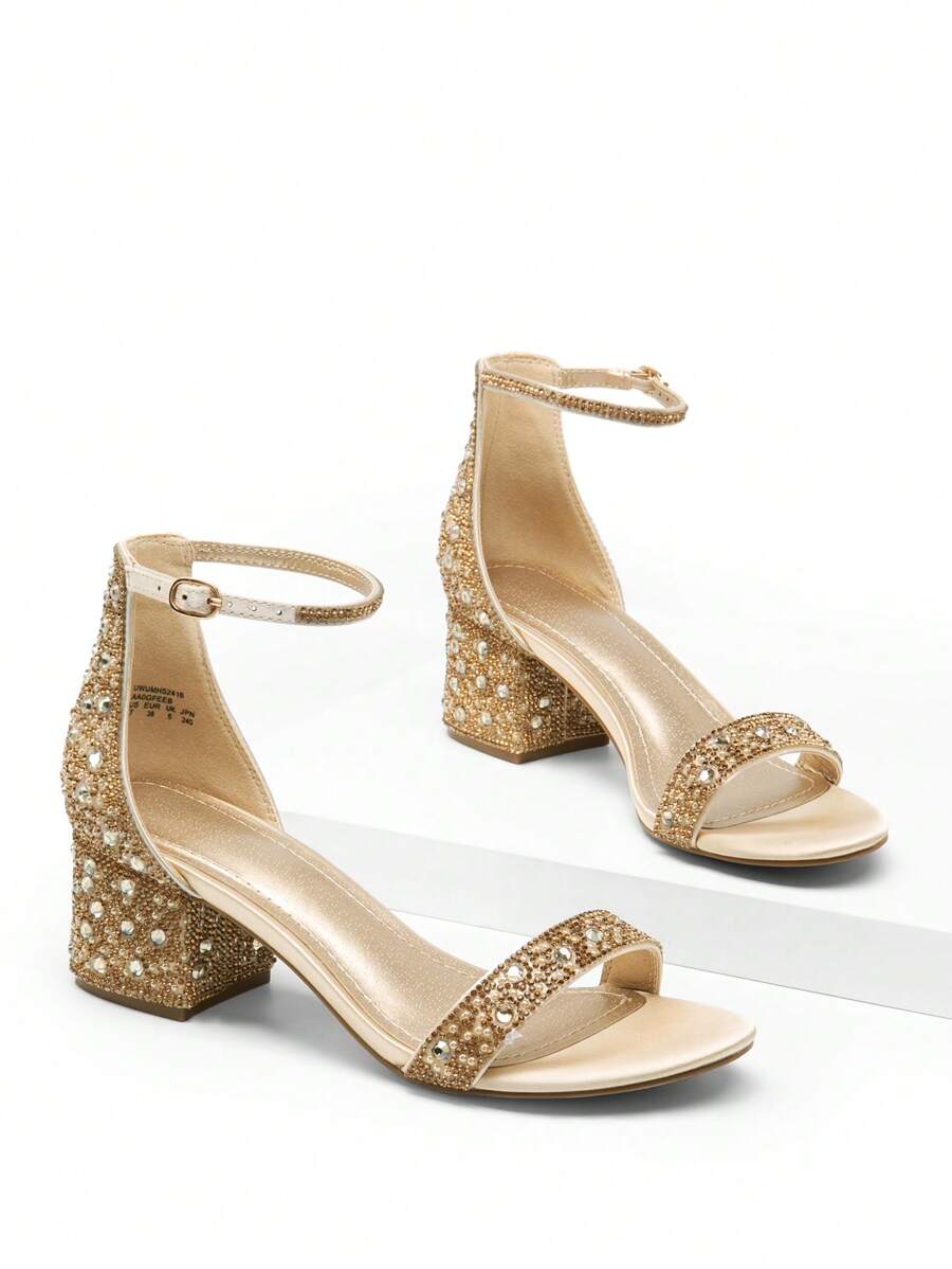 Women Rhinestone Chunky Low Heeled Sandals Glamorous Ankle Strap Open Toe Heeled Sandals, For Halloween Christmas Party Prom Fall - Gold - View 1