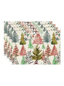 Watercolor Pine Tree Merry Christmas Linen Placemats And Table Runner Set, 12"X18" Placemats & 13"X72" Table Runner, Christmas Holiday Farmhouse Kitchen Dining Table Decor For Party, Gathering, Home - Multicolor - View 14
