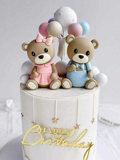 1/2 piezas Decoración de ornamento para pastel de cumpleaños con oso torcido de gel suave de color rosa y azul