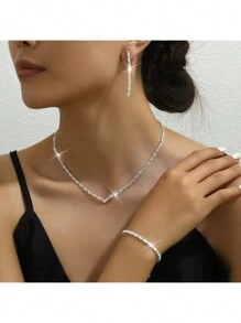 1set Fashionable & Shiny & Luxurious Party Rhinestone Necklace, Earrings, Bracelet Jewelry Set - Silver - View 10