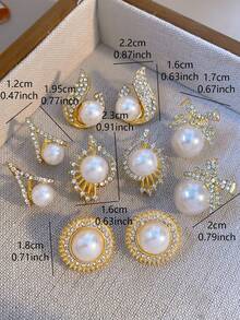 Bộ 5 đôi hoa tai ngọc trai giả hình học độc đáo có nơ thủy tinh khảm hình ngọn lửa, phụ kiện tinh tế dành cho phụ nữ, quà tặng tiệc/ngày lễ - Vàng - Xem 3