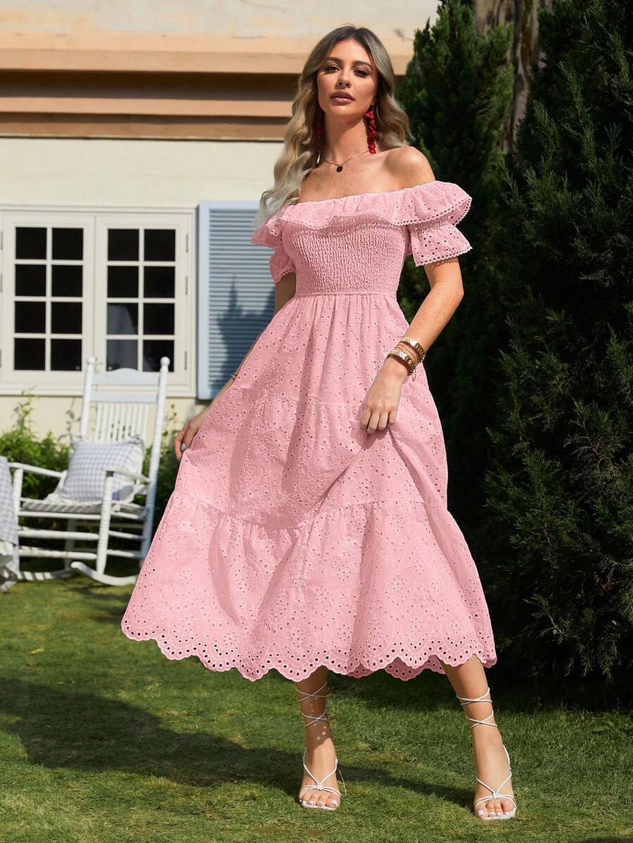 Simplee Women's New Embroidered Solid Color Off Shoulder High Waist Dress, Party Dress, Music Festival, Graduation Party - Pink - View 1