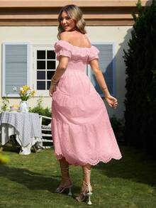 Simplee Women's New Embroidered Solid Color Off Shoulder High Waist Dress, Party Dress, Music Festival, Graduation Party - Pink - View 2