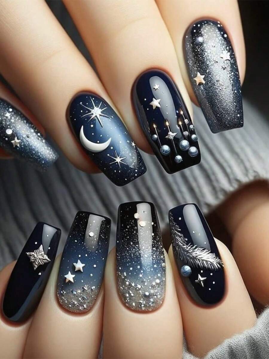 24 件/套芭蕾形按压指甲，灵感来自神秘的星空和银河，带有星星、月亮和羽毛元素，呈现梦幻般的设计。每个指甲细节都精致，深蓝色和紫色底色类似于夜空，饰有星星和月亮，增添浪漫神秘的氛围。轻盈的羽毛设计带来活泼感，使整个美甲更加独特。佩戴方便，舒适，适合派对、度假和日常穿着。 - 彩色 - 查看 1