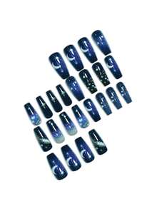 24 件/套芭蕾形按压指甲，灵感来自神秘的星空和银河，带有星星、月亮和羽毛元素，呈现梦幻般的设计。每个指甲细节都精致，深蓝色和紫色底色类似于夜空，饰有星星和月亮，增添浪漫神秘的氛围。轻盈的羽毛设计带来活泼感，使整个美甲更加独特。佩戴方便，舒适，适合派对、度假和日常穿着。 - 彩色 - 查看 3