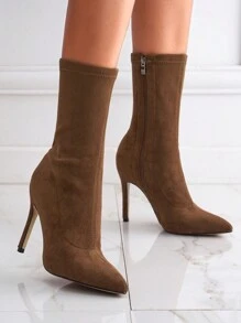 Ideal With Sweater Dress,Women's Elastic Pointed Toe High Heels Zipper Side Suede Ankle Boots, Sexy Brown Short Boots For Autumn & Winter,Stiletto Heels - Brown - View 1