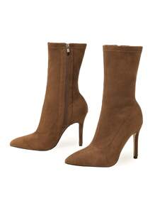 Ideal With Sweater Dress,Women's Elastic Pointed Toe High Heels Zipper Side Suede Ankle Boots, Sexy Brown Short Boots For Autumn & Winter,Stiletto Heels - Brown - View 4