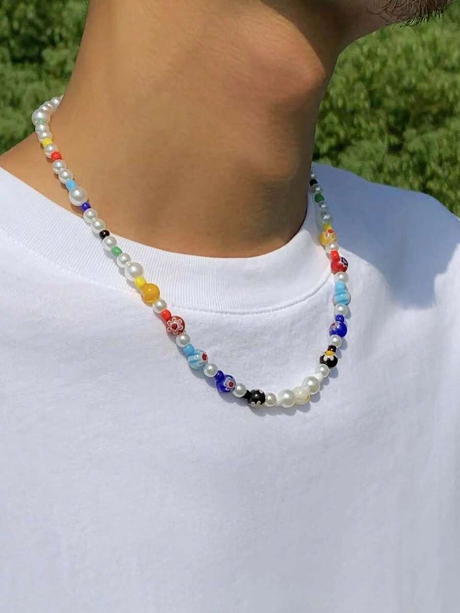 Bohemian Pearl, Red Agate, Crystal Necklace, Green Transparent Crystal, Natural Asymmetrical Gemstone Necklace, Turquoise Beaded Necklace For Men, Thanksgiving, Christmas, Holiday, Gift, Christmas, New Year, Valentine's Day - Multicolor - View 1