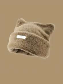 1 Mũ len trang trí nhãn sắt có tai dễ thương, ấm áp, lông mềm mại, mũ len mùa đông co giãn, dành cho nữ, hoạt động ngoài trời - Nhiều màu - Xem 1