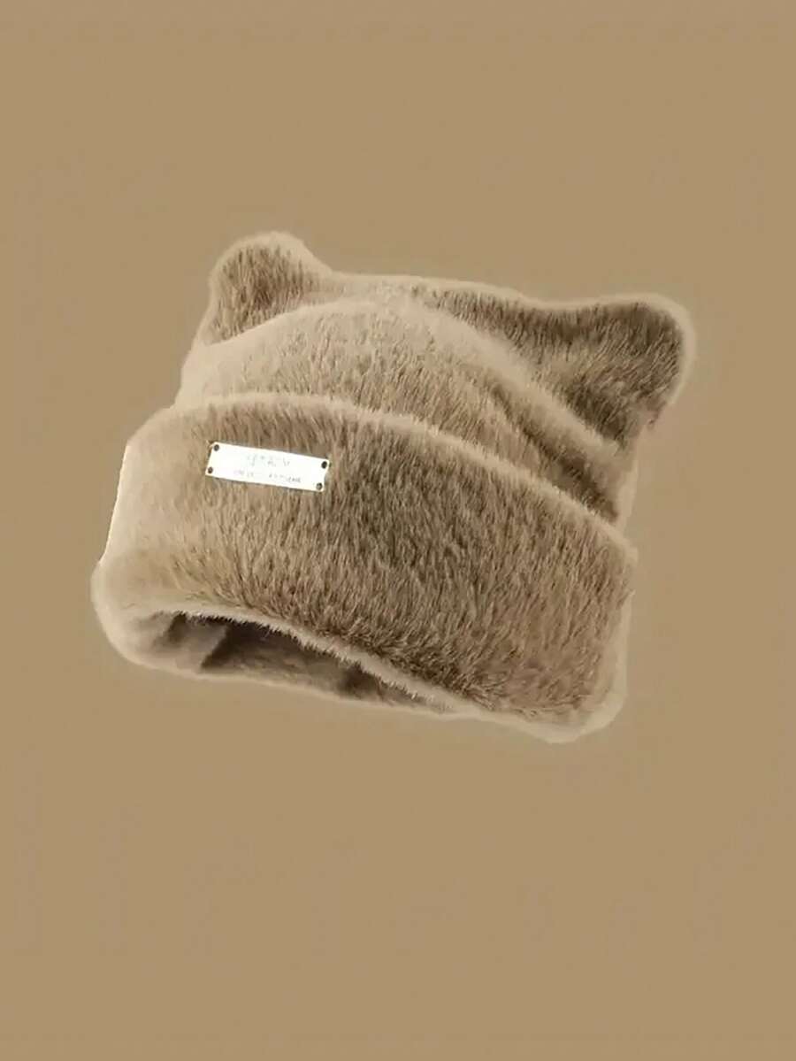 1 Mũ len trang trí nhãn sắt có tai dễ thương, ấm áp, lông mềm mại, mũ len mùa đông co giãn, dành cho nữ, hoạt động ngoài trời - Nhiều màu - Xem 1