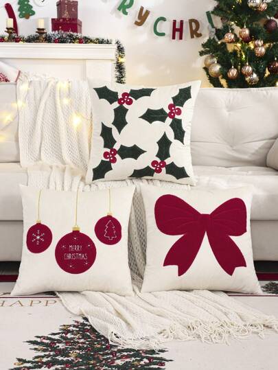 Miater 1 件圣诞花刺绣毛绒枕套，带圣诞铃铛和蝴蝶结装饰