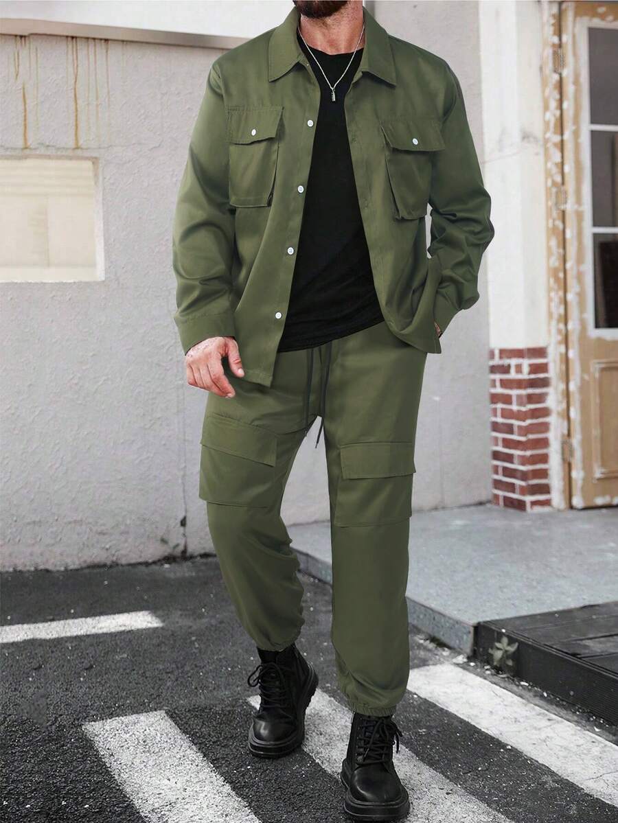 男士纯色工装夹克和抽绳腰工装裤套装 - 軍綠色 - 查看 1