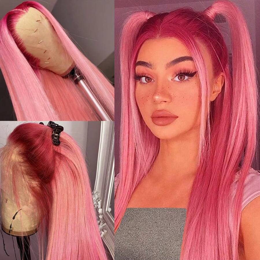 Pink Red Ombre Color Wigs Long Silky Straight Lace Front Wig Colorful Pink Glueless Lace Front Synthetic Wig Heat Resistant Fiber Hair Replacement Wig For Women Cosplay Party & Daily Use - 漸層粉紅色 - 查看 1