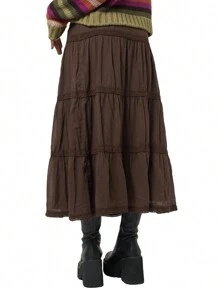 Women Long Skirt, Vintage Elegant Solid Pleated Fall Swing Skirt For Casual Daily - 深棕色 - 查看 3