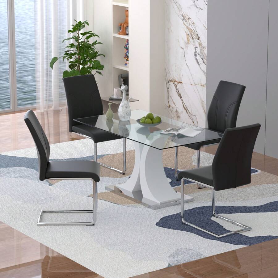 63" Modern Glass Dining Table With 6 PU Dining Chairs,Modern Glass Dining Table With 4 Black PU Dining Chairs - Bàn Trắng Với 4 Ghế Đen - Xem 1