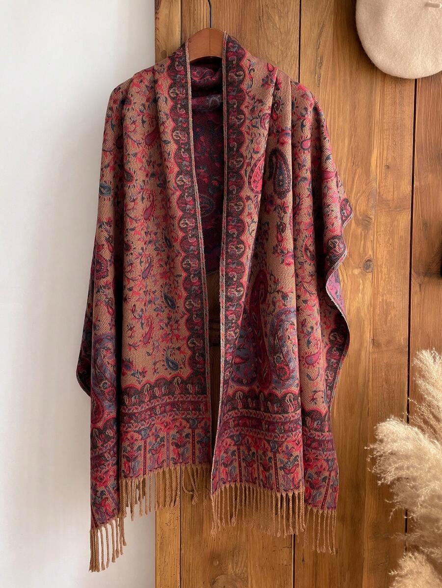 1 件女士厚实保暖披肩围巾带流苏，异国风情，双重用途优雅 - 彩色 - 查看 1