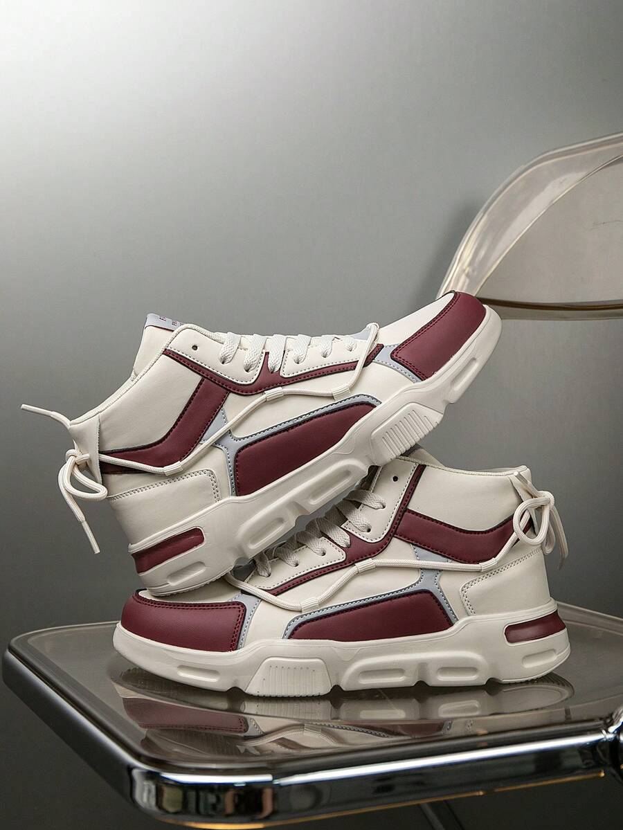 Giày thể thao cổ cao buộc dây họa tiết khối màu thời trang dành cho nam, giày thể thao ngoài trời nhẹ chống trượt phong cách cổ điển