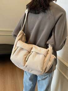 秋冬新品灯芯绒多口袋拉链开合斜跨单肩包，柔软可折叠斜挎包，学校/大学生日常小包，简约日式风格 - 米色 - 查看 3