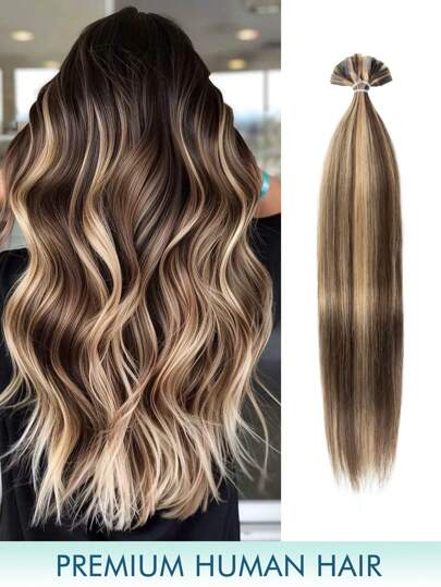 Extensiones de cabello humano real con punta plana de queratina de proteína recta de 14 a 22 pulgadas, color 4/27 marrón chocolate a rubio caramelo, extensiones de cabello invisibles F-Tip, adecuadas para disfraces de Halloween