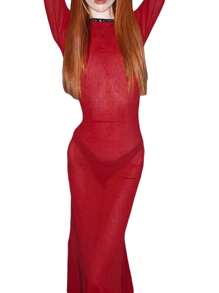 Women's Stunning Long Bodycon Gown Solid Hue See-Through Mesh Sheer Long Sleeve Crossover Tie-Up Backless Evening Party Attire