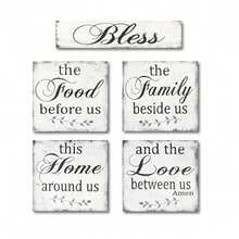 5 Pcs Rustic Kitchen Decor, Bless The Food Before Us, Wood Wall Hanging Decorations For Dining Room Kitchen, Rustic Country Vintage Kitchen Hanging Wood Signs, Christmas Gift For Home - White - View 2