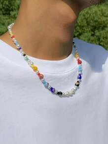 Bohemian Pearl, Red Agate, Crystal Necklace, Green Transparent Crystal, Natural Asymmetrical Gemstone Necklace, Turquoise Beaded Necklace For Men, Thanksgiving, Christmas, Holiday, Gift, Christmas, New Year, Valentine's Day - Multicolor - View 12