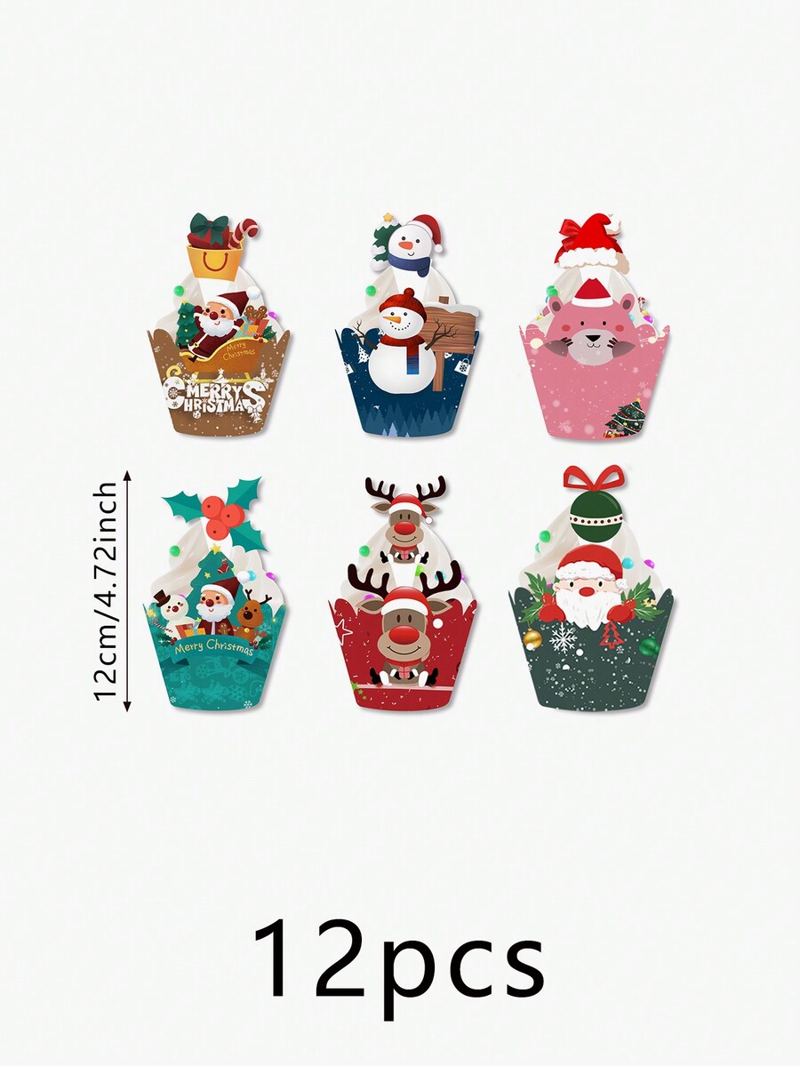 12pcs Christmas Party Cupcake Flags/Toppers, Cupcake Liners/Wrappers