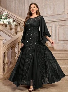 优雅蝴蝶袖雪纺花卉亮片蕾丝撞色网纱美人鱼下摆晚宴长裙，优雅正式舞会婚礼宾客礼服，情人节礼服，毕业典礼、晚宴、节日场合礼服