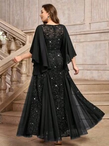 优雅蝴蝶袖雪纺花卉亮片蕾丝撞色网纱美人鱼下摆晚宴长裙，优雅正式舞会婚礼宾客礼服，情人节礼服，毕业典礼、晚宴、节日场合礼服