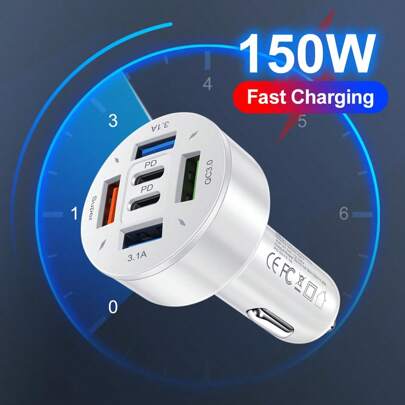 Caricabatterie per auto multifunzionale da 150W con 6 porte, ricarica super veloce, compatibile con 16, 15 Pro Max, 14 Plus, 13, 12, 11 e altri accessori per auto