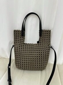 Túi Tote Dệt Thiết Kế Thời Trang Mới Túi Xách Dung Tích Lớn Neoprene Thiết Kế Châu Âu Và Châu Mỹ Độc Đáo Túi Xách Cổ Điển Tối Giản Cho Văn Phòng, Đi Làm, Học Sinh, Mua Sắm, Đeo Với Dây Đeo Dài - Rượu sâm banh - Xem 3
