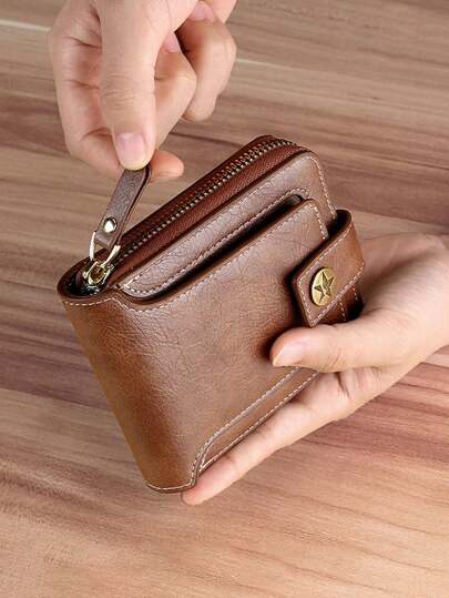 1 peça de carteira masculina com fecho de zíper em madeira, porta-cartões de crédito em poliuretano, mini carteira com zíper para moedas, presente ideal para homens, compartimentos para vários cartões de grande capacidade, estilo casual para negócios, presente de aniversário, presente de formatura, presente de dia dos pais