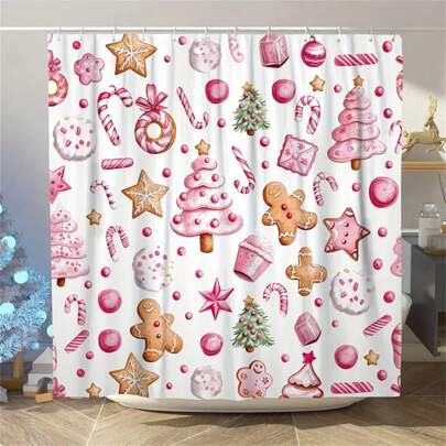 Cortina de ducha navideña con diseño de hombres de jengibre, bastones de caramelo y talla grande en rosa y marrón - Impermeable y lavable a máquina - Perfecta para la decoración navideña del baño, decoración de otoño y accesorios de baño de vuelta al colegio