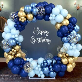 117 pièces Ensemble de ballons bleu métallique et bleu vintage, kit de guirlande de ballons bleu marine, confettis dorés et arche de ballons dorés métalliques pour les décorations de fête d'anniversaire, mariages, enterrements de vie de jeune fille, révélation de sexe, anniversaire, décoration de remise de diplôme, fête de piscine, décoration de thème d'océan bleu