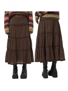 Women Long Skirt, Vintage Elegant Solid Pleated Fall Swing Skirt For Casual Daily - 深棕色 - 查看 8