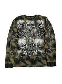 Women's Spring Autumn Loose Sweatshirt Skull Print Long Sleeve Crewneck Halloween Pullover - màu xanh lá - Xem 4