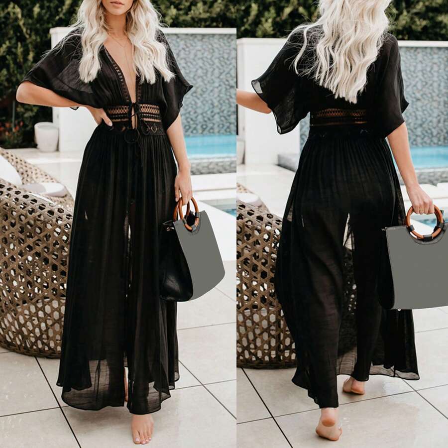 Women's Swimwear Cover Ups With Drawstring Open Front Beach Bikini Swimsuit Kimono Coverup Beachwear - 黑色 - 查看 1