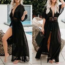 Women's Swimwear Cover Ups With Drawstring Open Front Beach Bikini Swimsuit Kimono Coverup Beachwear - 黑色 - 查看 2
