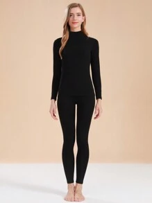 2 件套女士保暖内衣套装，长袖高领上衣和裤子，睡衣和内衣，秋冬 - 黑色 - 查看 3