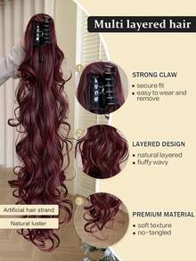 30英寸棕色带酒红色波浪卷发马尾假发，耐热合成纤维，自然波浪，适合女性日常及派对佩戴 - 酒紅色 - 查看 7